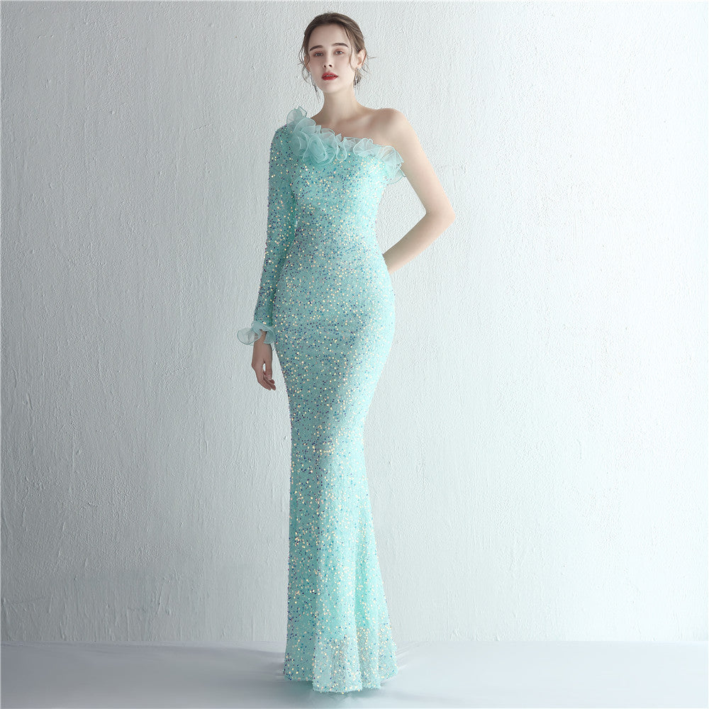 Handmade Sequin Craft Yarn Ladies Cocktail One Shoulder Long Sleeve Long Sequined Aura Queen Fishtail