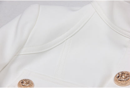 Classic Black White Turtleneck Slim Rivet Lion Head Buckle Long Sleeve All Match Dress Coat