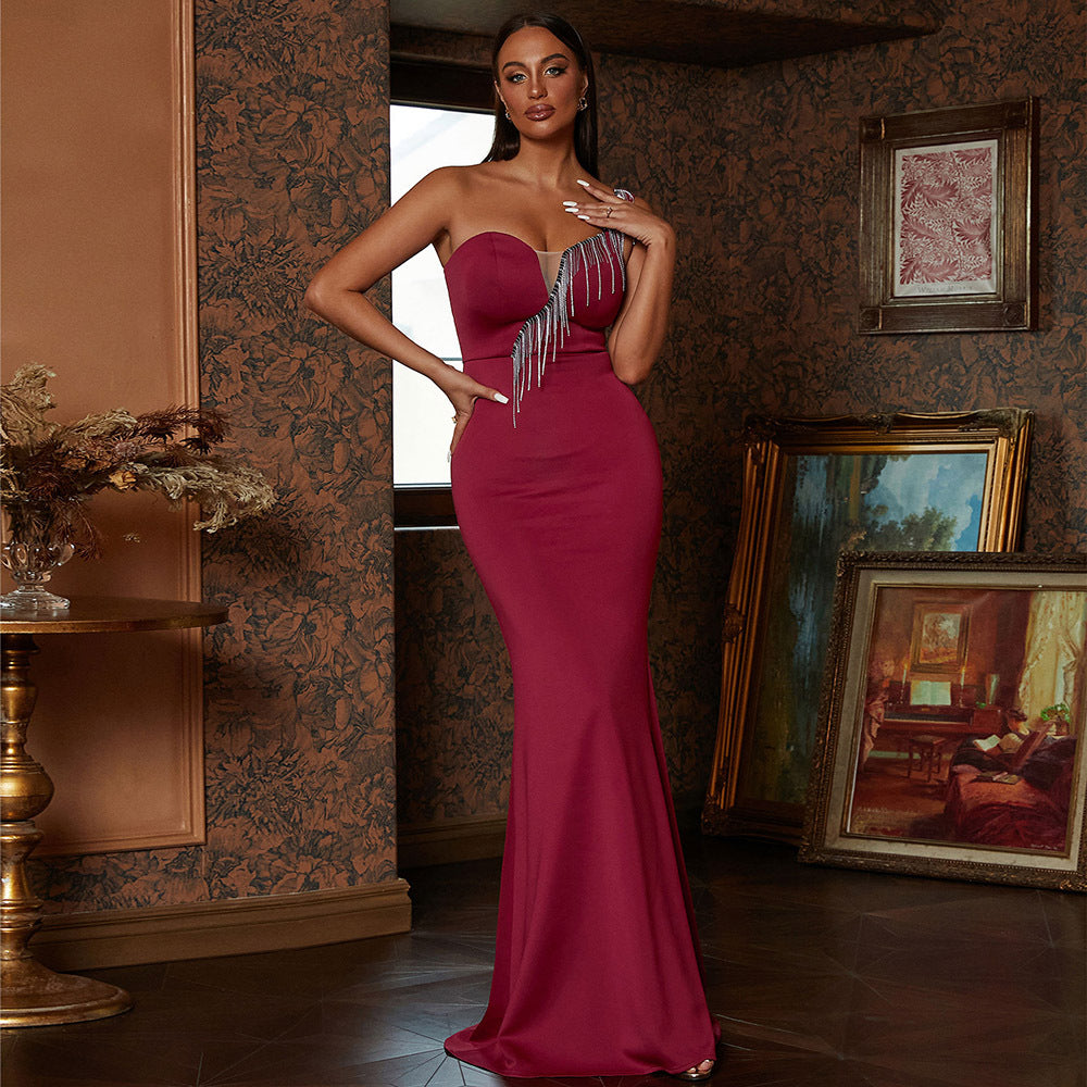 Women Sleeveless Off Neck Elegant Slim Fit Long Solid Color Cocktail Bridesmaid Dress