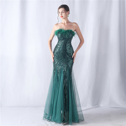 Ostrich Feather Positioning Floral Cutting Wedding Annual Meeting Tube Top Sequin Gauze Evening Dress