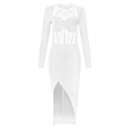 Dress Bandage Sexy Stand-up Collar Stitching Mesh Slim Fit Side Slit Long Sleeve Dress