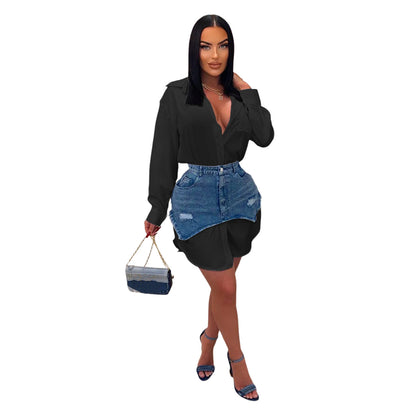 Women Clothing Spring Summer Personalized Denim Combination Dress Shirt Two Piece Set