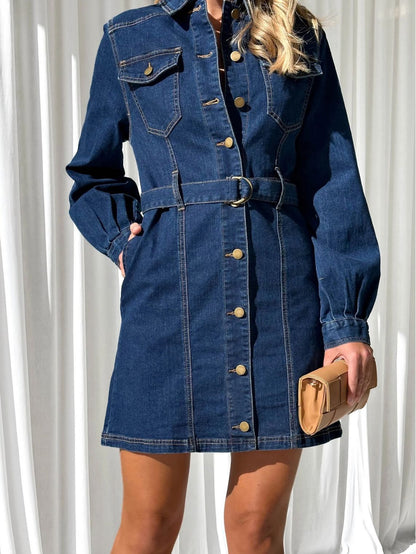 Robe en jean à manches longues et boutons décontractés à lacets pour femmes