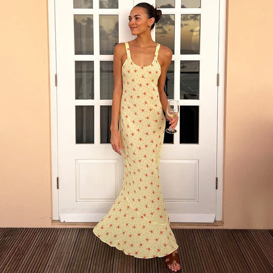 French Floral Long Fishtail Summer Printed Trendy Sling Dress