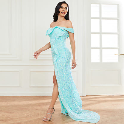 Robe longue sans manches élégante et sexy à paillettes pour femmes, décolleté plongeant et dos nu