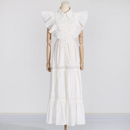 Robe française en dentelle brodée, col Polo, manches à volants, taille amincissante, Maxi pour femmes