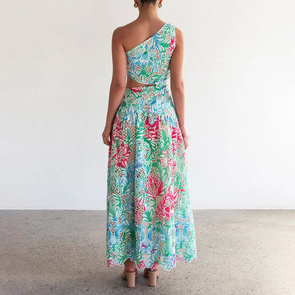 Vestido bohemio de verano con hombros oblicuos, bordado floral, vestido de cintura descubierta para mujer