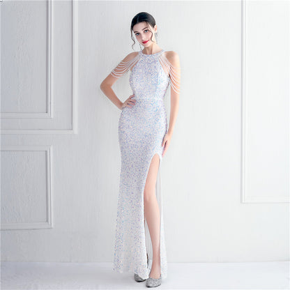 Heavy Industry Micro Glass Bead Craft Beaded Cocktail Evening Dress Elegant Long Halter Split Sequ