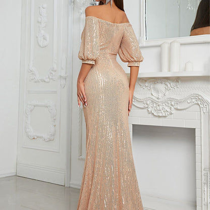 Dress off Shoulder Sequined Short Sleeve Elegant Evening Dress Hip Wrapped Senior Fishtail Dress