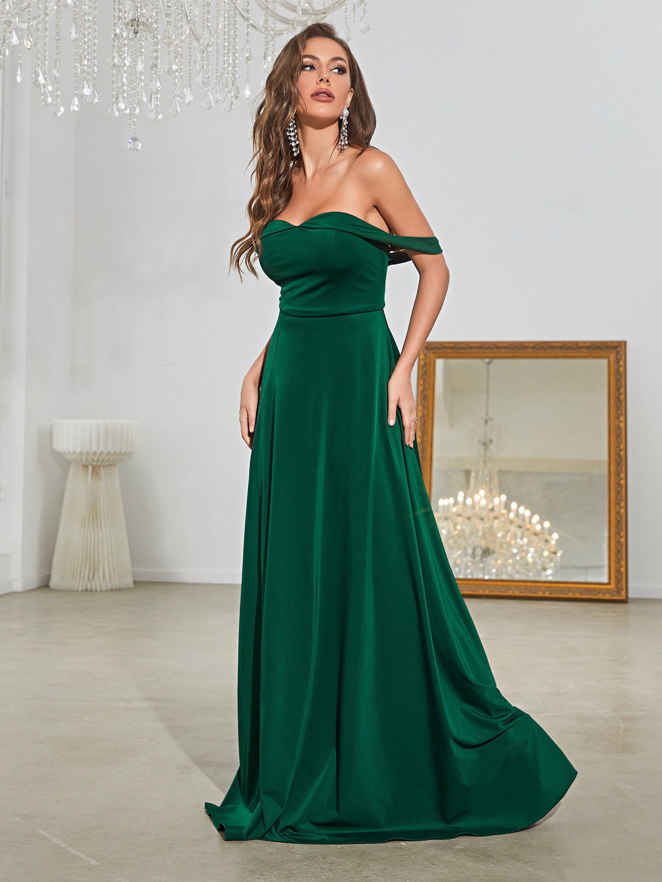 Dark Green Strapless Long Type Dress Elastic Fabric Formal Dress Slit Evening Dress