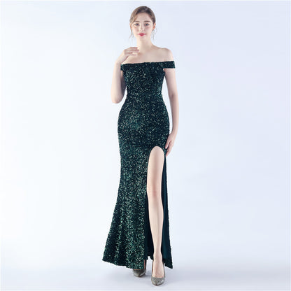 Velvet Bottom Handmade Sequin Cocktail Celebration Etiquette off Neck Evening Dress