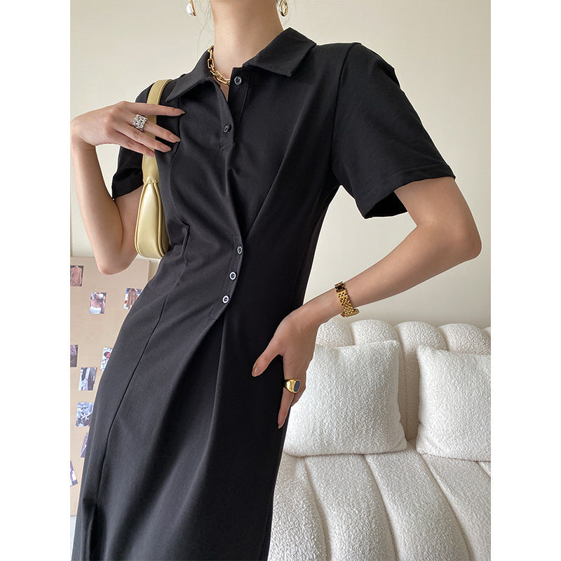 Waist-Tight Side Buckle Design Polo Collar Dress Summer Women