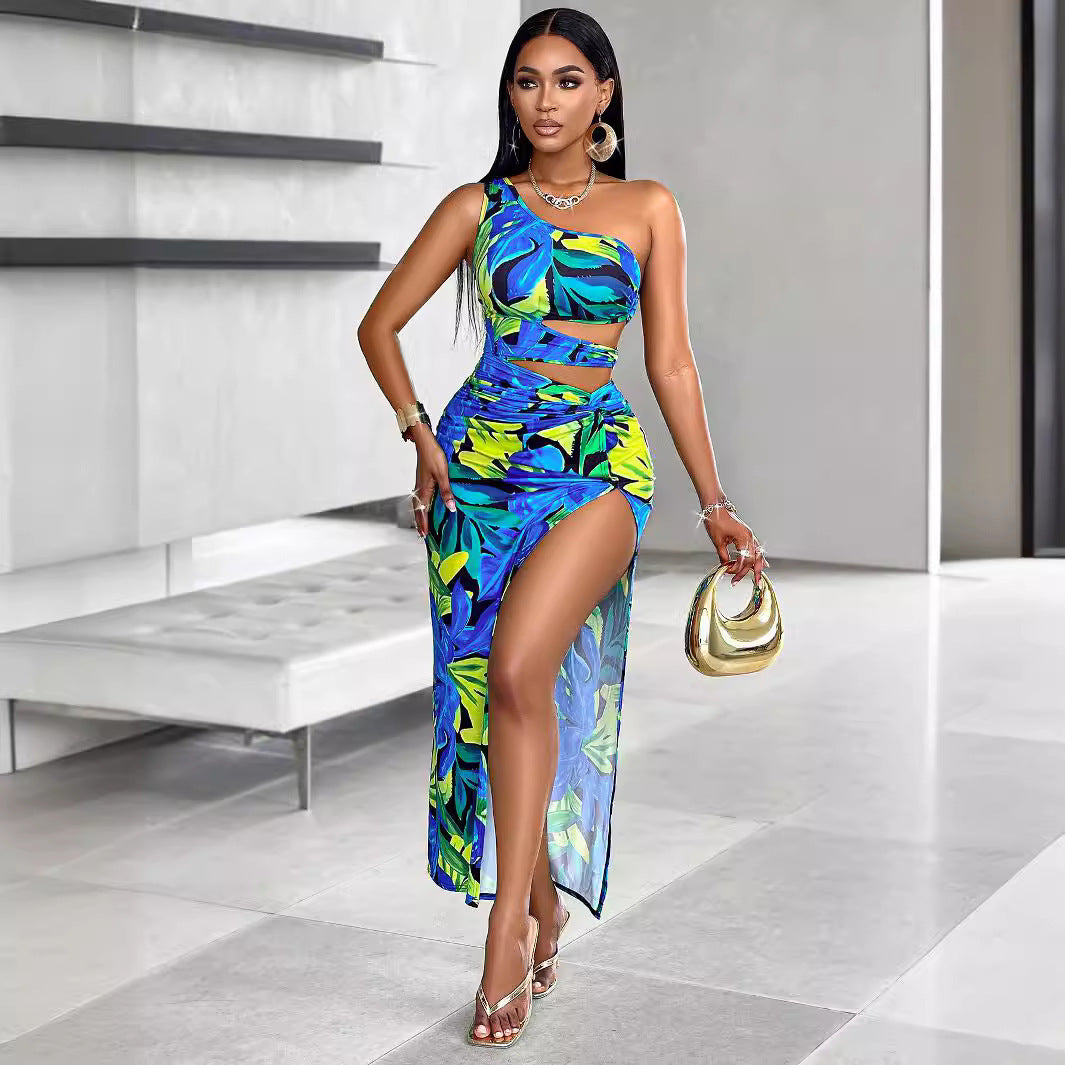 Summer Women Clothing Printed One Shoulder Hollow Out Cutout Dress Sexy