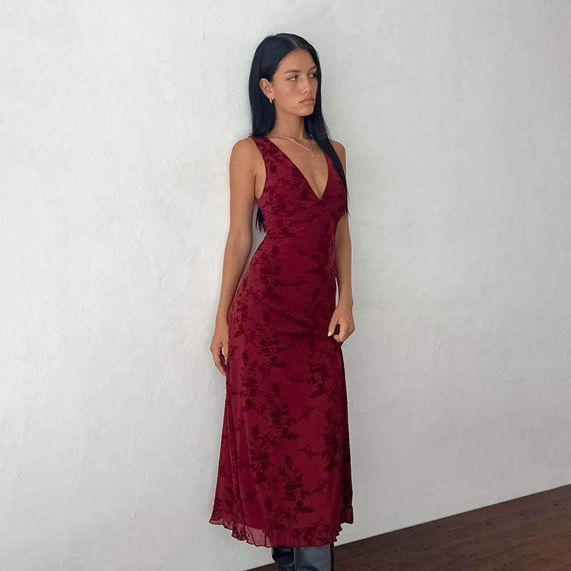 Robe imprimée à la mode, col en V, coupe cintrée, taille amincissante, Maxi, pour femmes, été