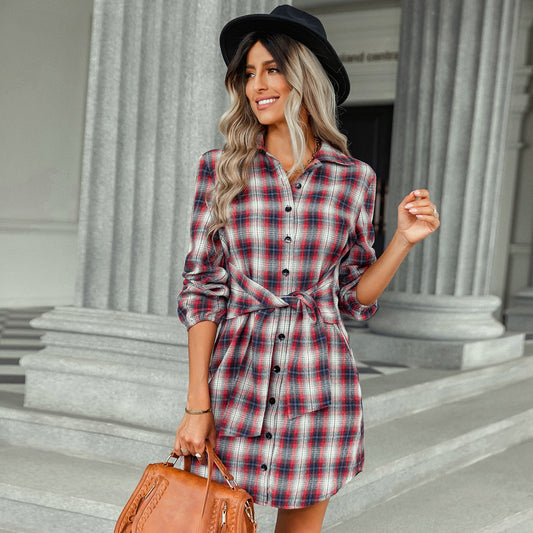 Otoño Invierno con cordones camisa controlada por la cintura ropa corta de mujer vestido a cuadros