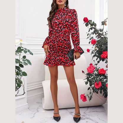 Summer Elegant Printed Ruffle Design Long Sleeve Dress Stand Collar Ruffle Hip Dress