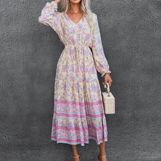 Autumn Winter Bohemian Casual Vacation Long Sleeve Positioning Printing Large Swing Dress