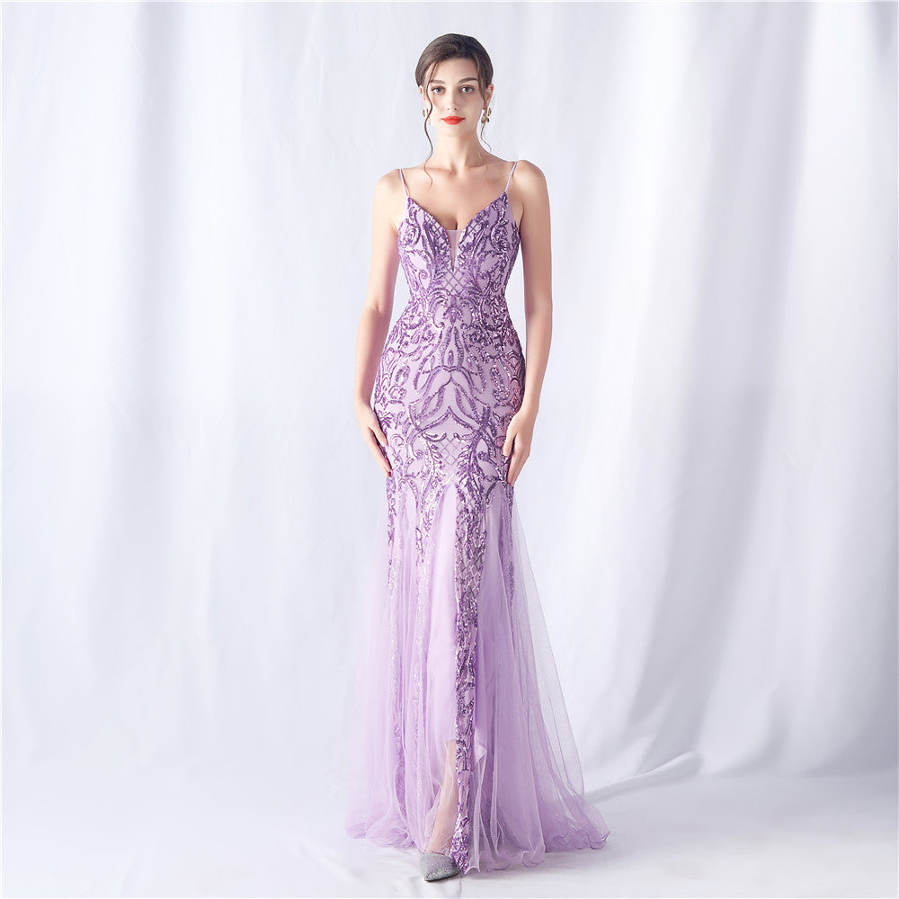 Floral Sequin Mesh High End Evening Dress