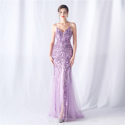 Floral Sequin Mesh High End Evening Dress