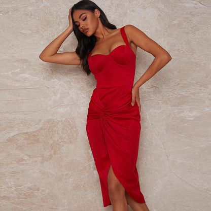 Robe de soirée caraco rouge élégante fendue sexy tube haut robe de soirée cocktail robe femme