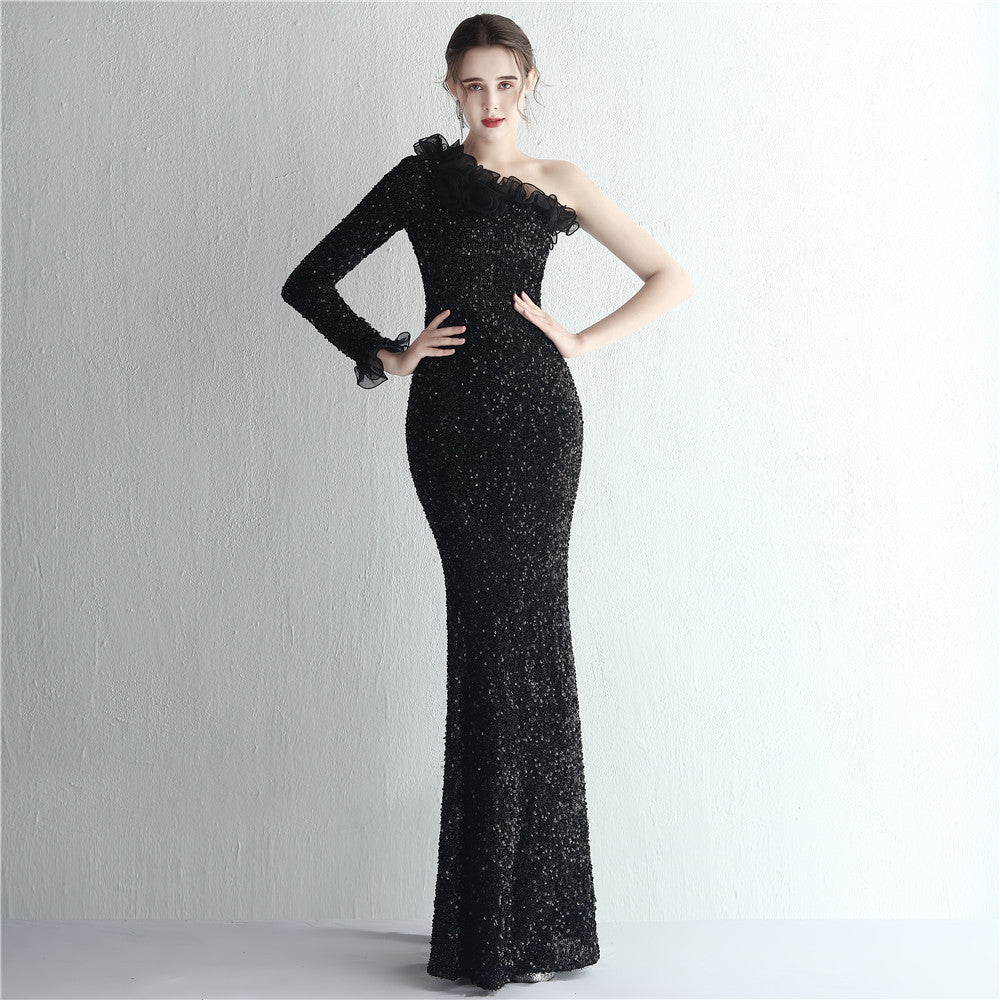 Handmade Sequin Craft Yarn Ladies Cocktail One Shoulder Long Sleeve Long Sequined Aura Queen Fishtail