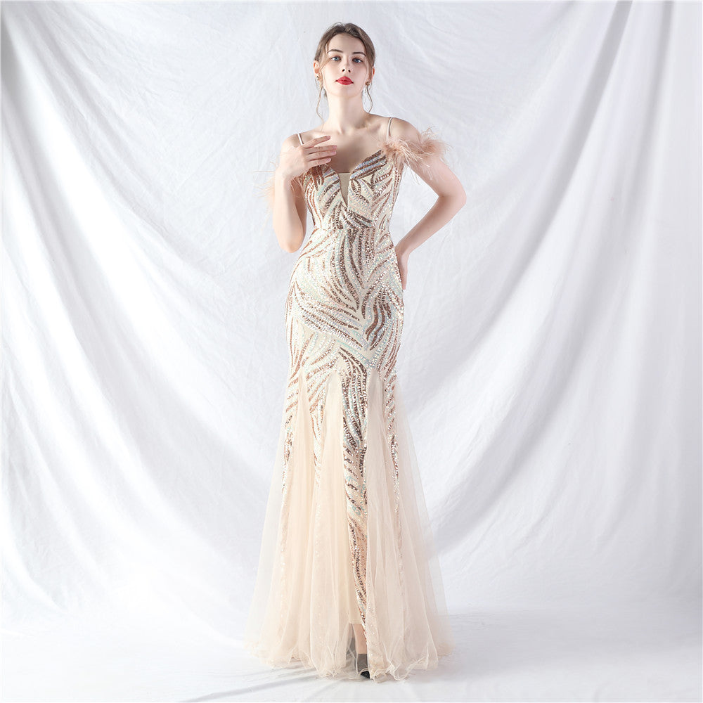 Craft Order Ostrich Hair Lamination Sequin Stitching Mesh High End Evening Dress