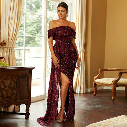 Robe longue de soirée à paillettes pour femmes, col rond, Sexy, queue de poisson, petite robe de soirée traînante