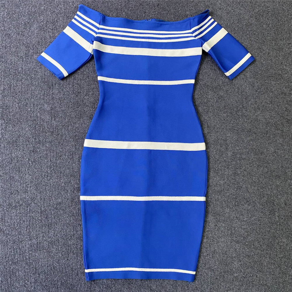 Sexy Off Shoulder Contrast Color Striped Bandage Dress Ladies Party Cocktail Dress Dress