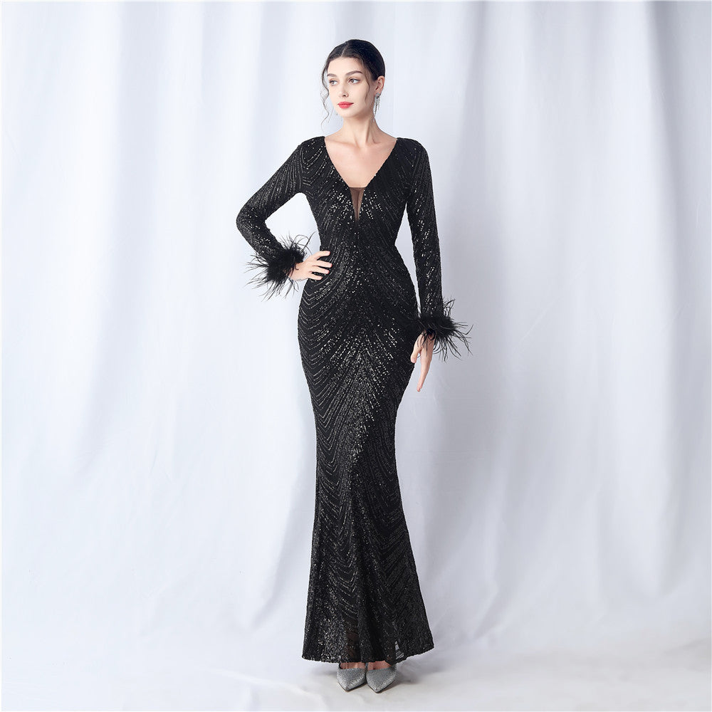 Ostrich Feather Positioning Floral Sequin Long Sleeve High End Evening Dress