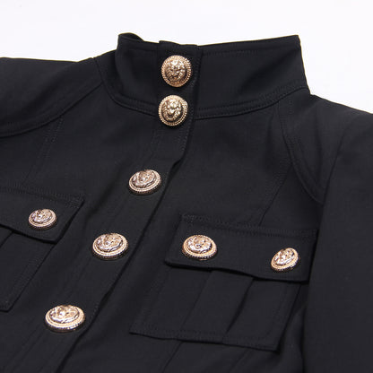 Classic Black White Turtleneck Slim Rivet Lion Head Buckle Long Sleeve All Match Dress Coat