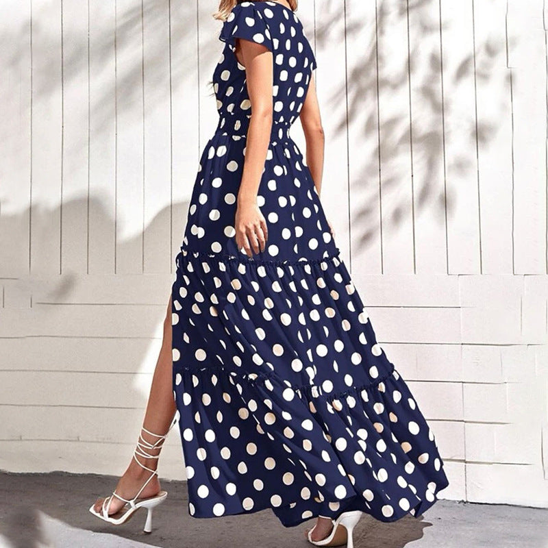 Summer Women Clothing V Neck Short Sleeve Side High Split Mid Length Polka Dot Dress