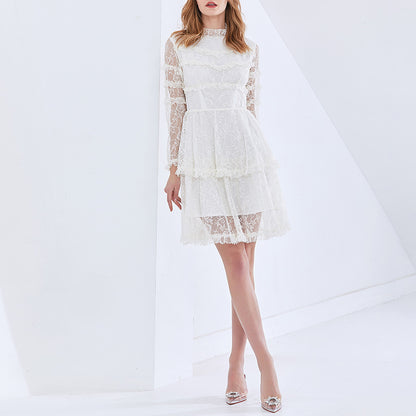 Lace Small Stand Collar Office Solid Color Short Crocheted Hollow Out Cutout Double Layer Lace Tiered Dress