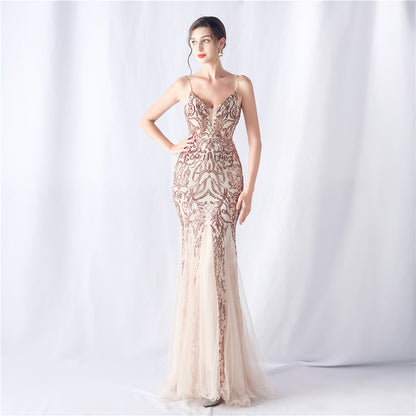 Floral Sequin Mesh High End Evening Dress