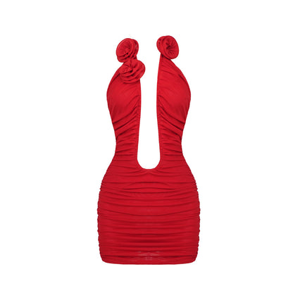 Robe bustier plissée en maille florale tridimensionnelle à découpes ajourées rouge automne hiver robe sexy dos nu