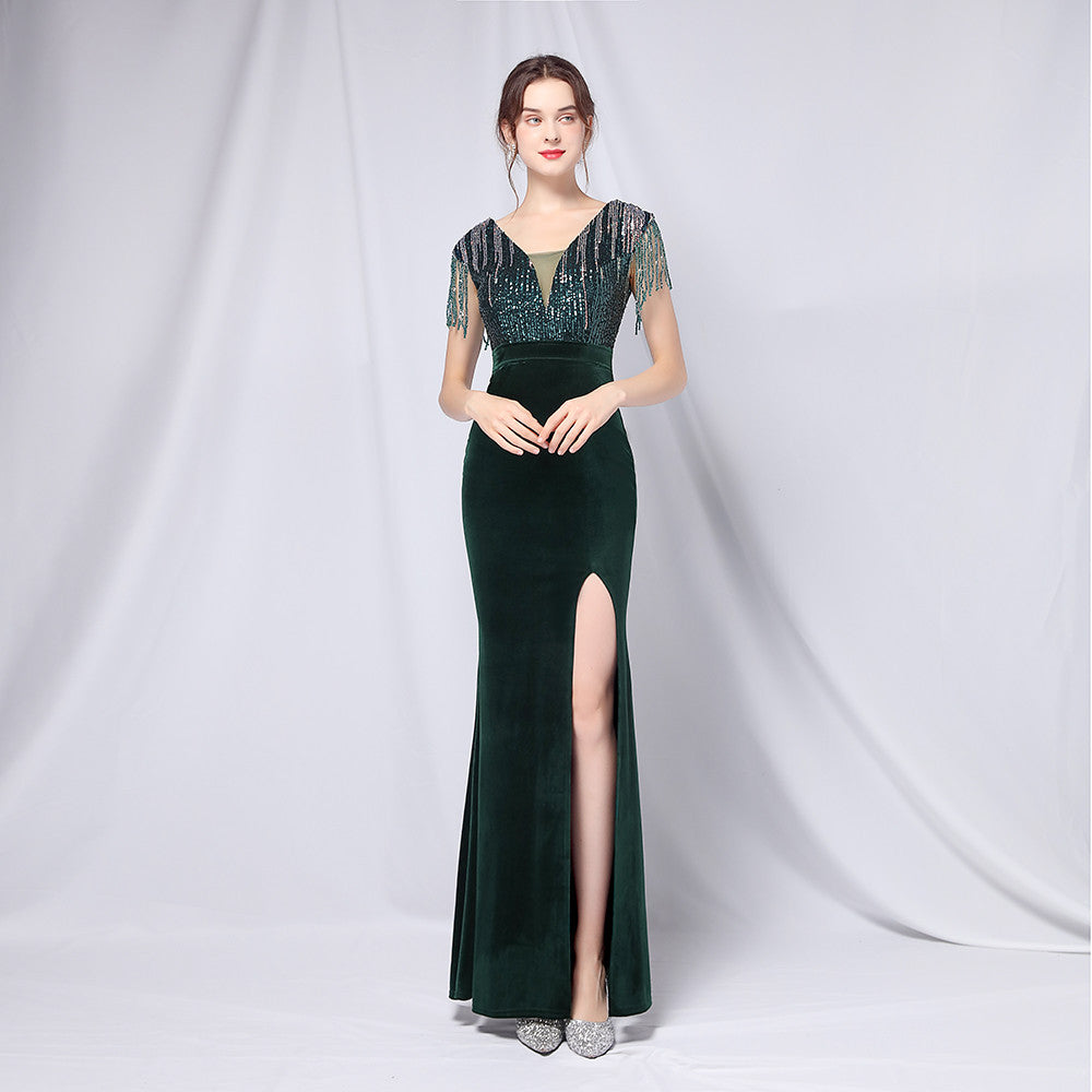 Velvet Gradient Sequin Cocktail Evening Dress Dress Company Annual Meeting Women Sexy Long Slit