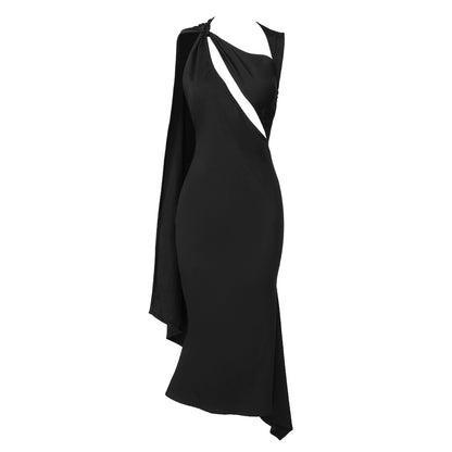 Vestido negro sin mangas con escote tipo chal y lazo para mujer, ropa de moda