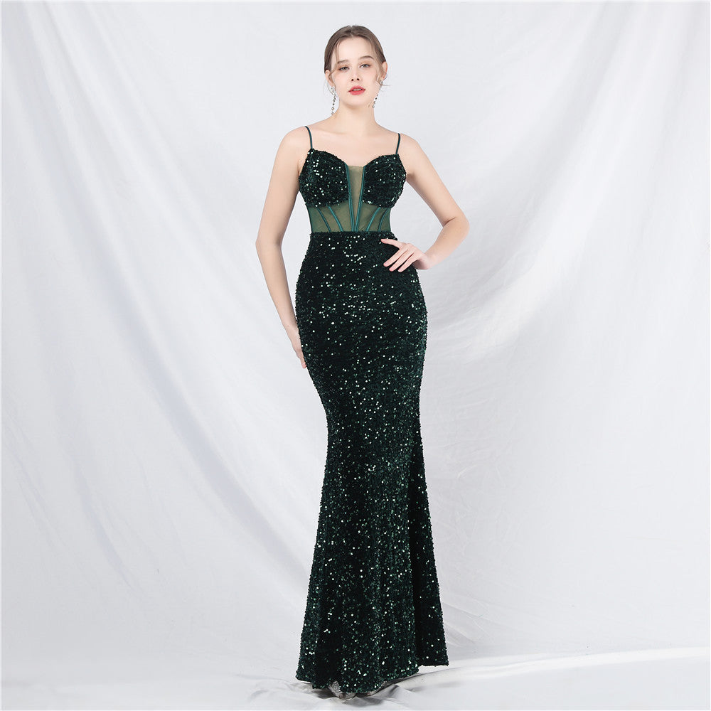 Palace Wind Heavy Industry Boning Corset Cinched Mesh Sequin High End Evening Dress