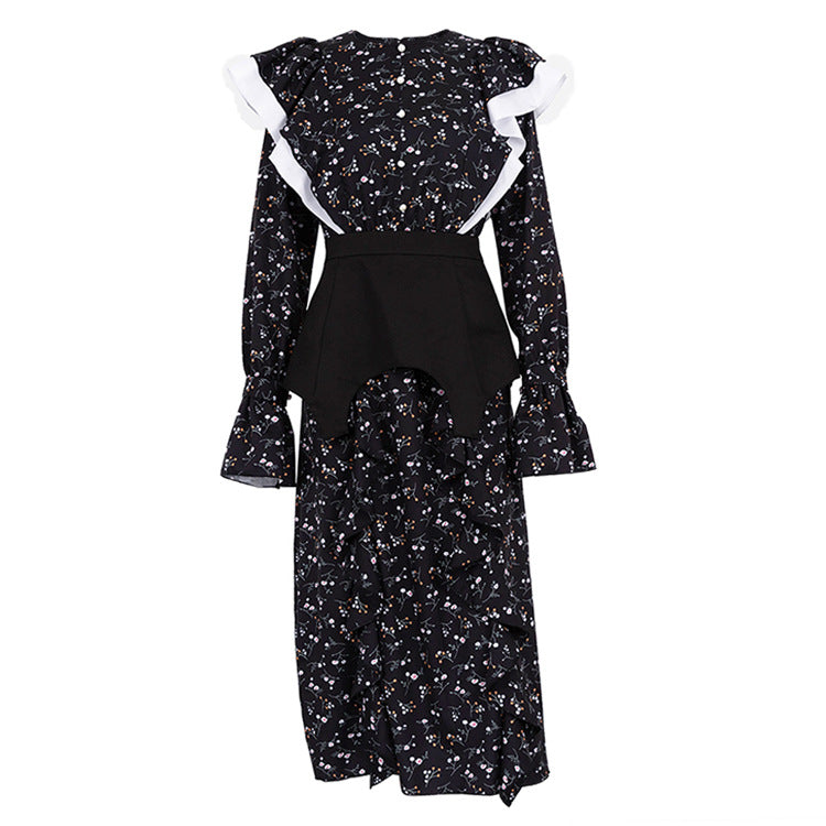 Women Clothing French Design Long Sleeve Dress Detachable Waist Seal Casual Floral Dress