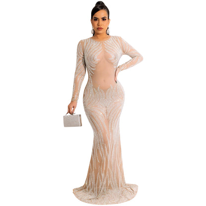 Night Club Sexy Rhinestone Mesh See through Long Sleeve Dress Dress Women