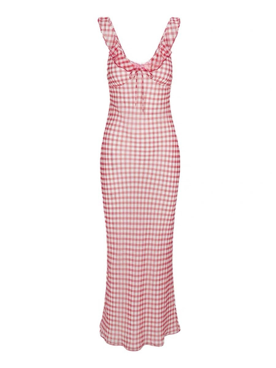 Ref Idyllic – robe imprimée à carreaux rouge pour femmes, tenue d'été Sexy, col en v, à volants, coupe cintrée, amincissante