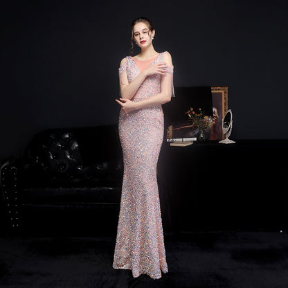 Robe de mariée à paillettes colorées pour dîner d'appréciation longue, coupe ajustée, queue de poisson