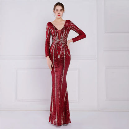 Positioning Floral Sequin Evening Dress Women Banquet Elegant Long Sleeve Sequined Queen Fishtail Dress