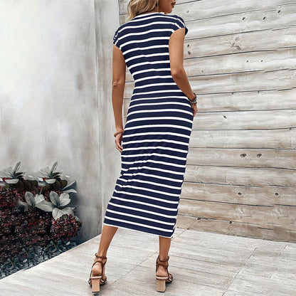 Elegant Waist Lace Up Striped Round Neck Short Sleeve Long Pattern Dress Summer Women High Grade Women Dress