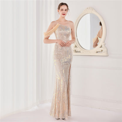 Robe de soirée longue et sexy à paillettes et perles pour femme