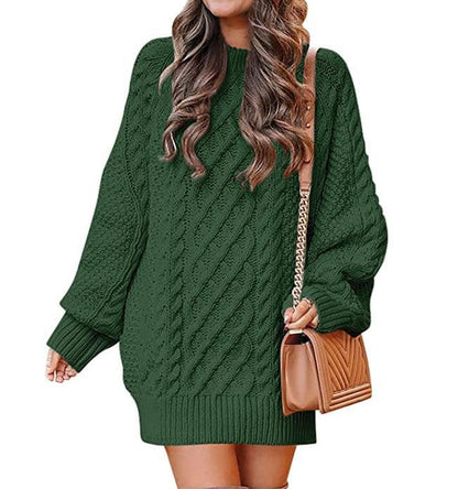 Round Neck Long Sleeve Twisted Knitted Thick Needle Pullover Mid Length Sweater Women Dress