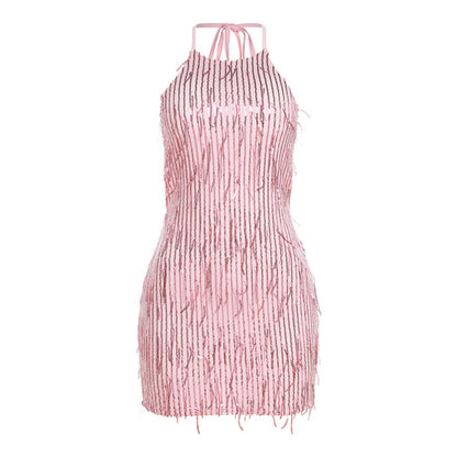 Spring Summer Women Clothing Halter Sexy Backless Sequined Tassel Dress for Women