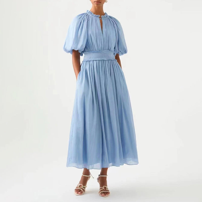 Robe longue plissée à volants et manches bouffantes en tulle de couleur unie pour femme