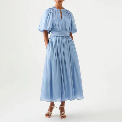 Australian Elegant Solid Color Patchwork Tulle Dress Spring Puff Sleeve Pleated Ruffled Maxi Dress Women