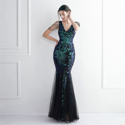 Robe longue sexy en queue de poisson à paillettes et perles pour réunion annuelle