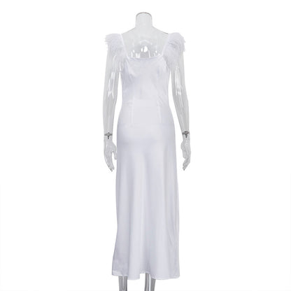 Robe camisole amincissante à plumes blanches pour femmes, sexy, col en V, dos nu, printemps été